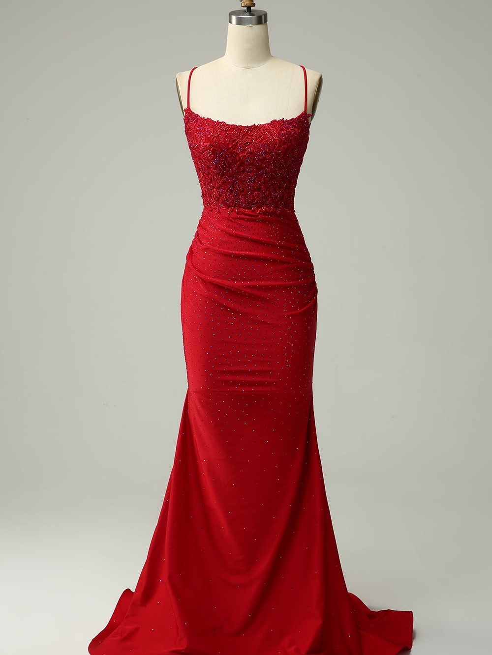 Elegant Red Beaded Spaghetti-Strap Prom Dress